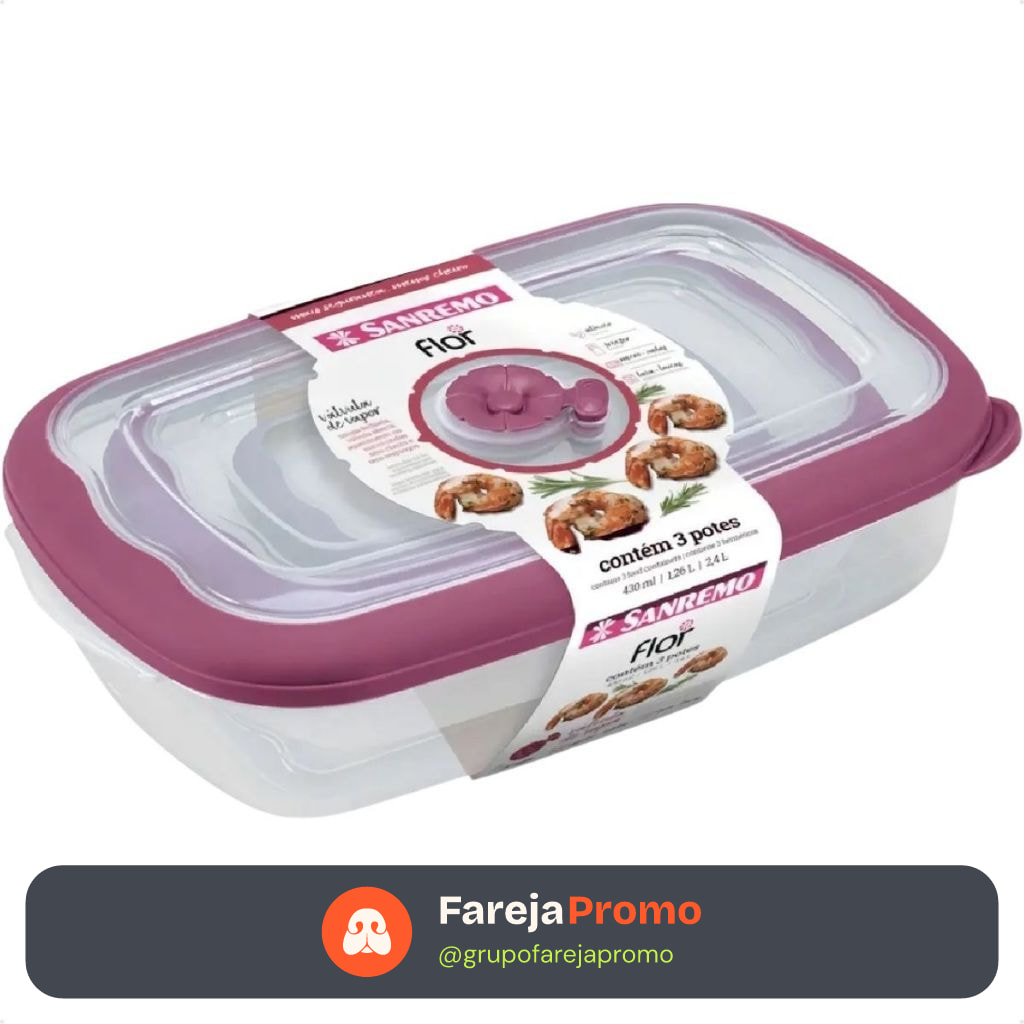 Kit 3 Potes Herméticos Sanremo Retangulares Plástico Rosa