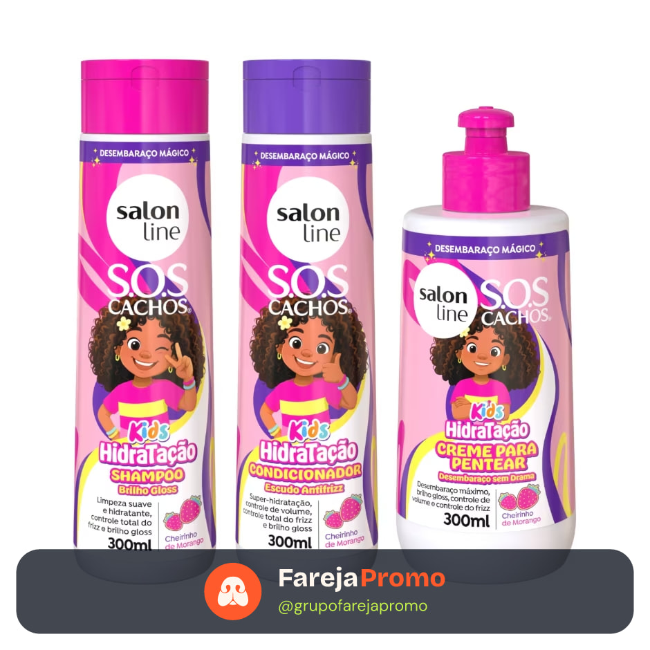 Kit Shampoo + Condicionador + Creme para Pentear 300ml SOS Cachos Kids Hidratação Salon Line