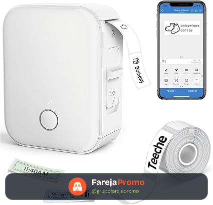 Impressora Térmica de Etiquetas Portátil, Bluetooth, 15mm Largura, Bateria 1000mAh, com App e Rolo de Etiqueta, Branca (Impressora + Rolo de Papel)