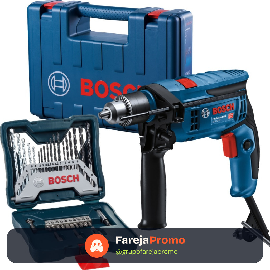 Furadeira Impacto Parafusadeira Bosch GSB 13 RE 750w 127v + Brocas e Bits X-Line 33 PCs + Maleta