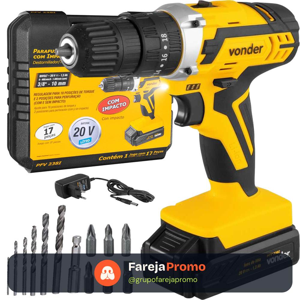 Parafusadeira Furadeira de Impacto 20v Sem Fio Com Maleta Broca e Bits PFV238I Vonder