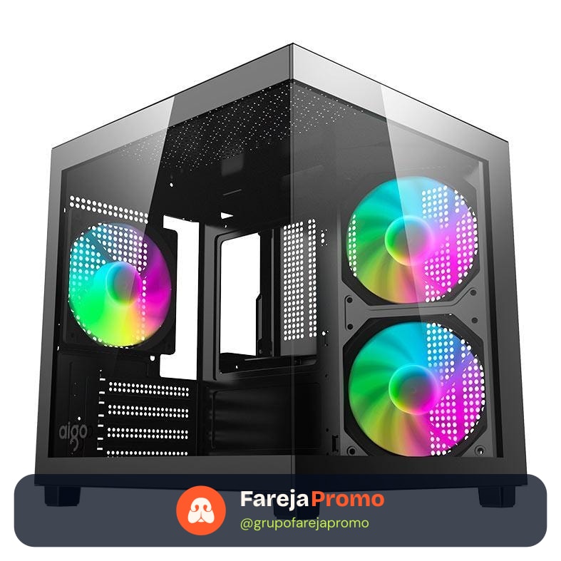 Gabinete Gamer Aquário Aigo Luna A275 Rainbow Mini-Tower Lateral/Vidro C/3 Fans Preto AC-A275-B-BR1