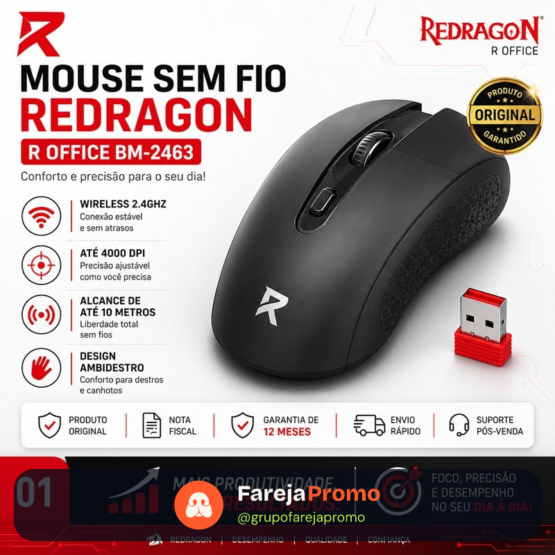 Mouse Sem Fio Redragon BM-2463 4000 DPI Wireless 2.4GHz Original NF Garantia USB