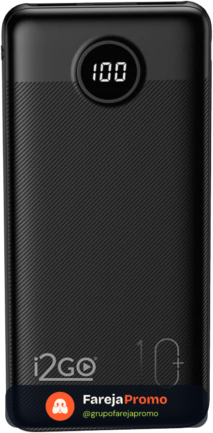 I2GO, Carregador Portátil (Power Bank) Ultra Rápido 10000mAh, Power Delivery 20W, 2 Saídas USB + 1 Saída/Entrada USB-C, Preto, i2GO PRO