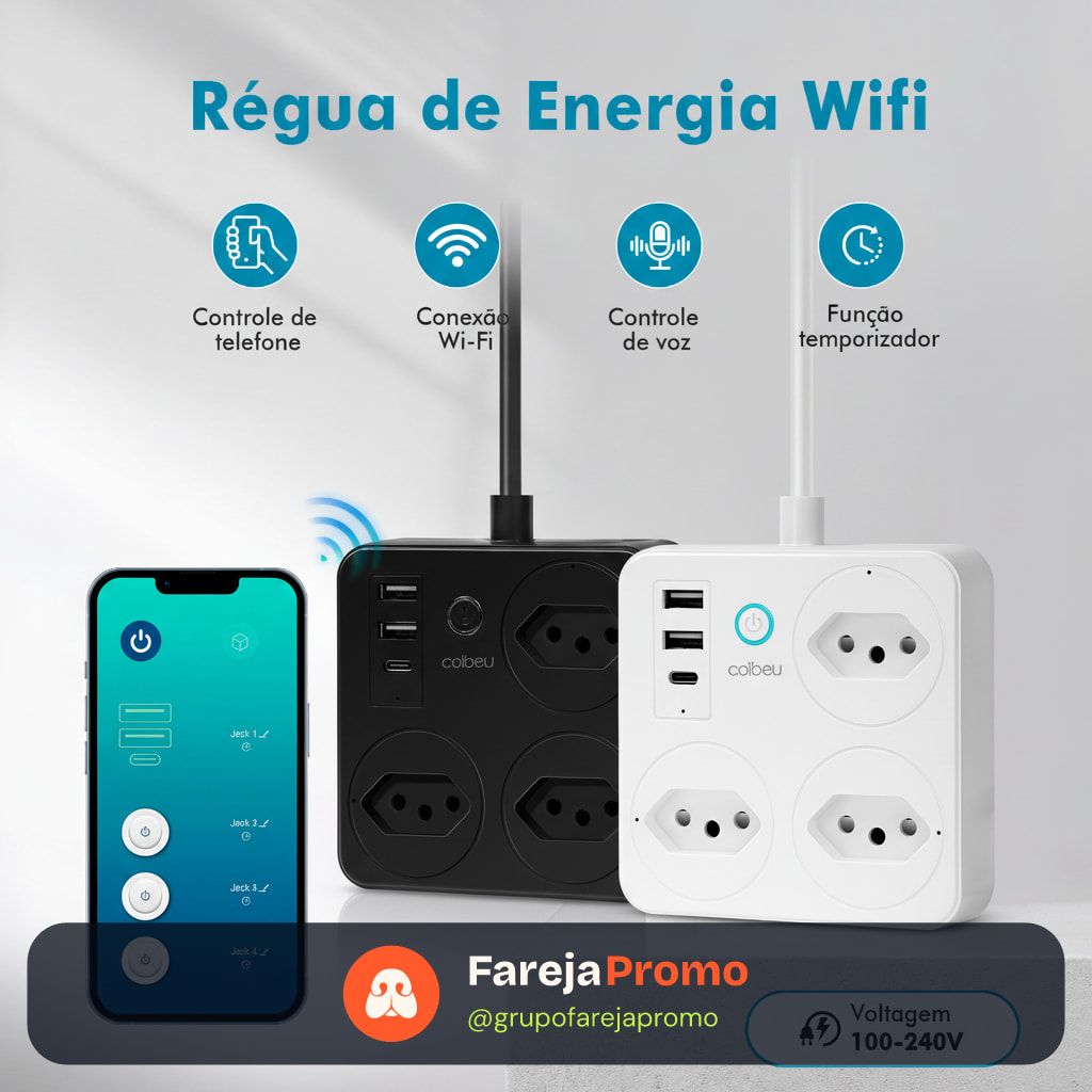 Tomada Inteligente Wi-Fi Compatível Tuya Alexa Google Assistente - Filtro de Linha USB-C Bivolt Padrão BR-F321