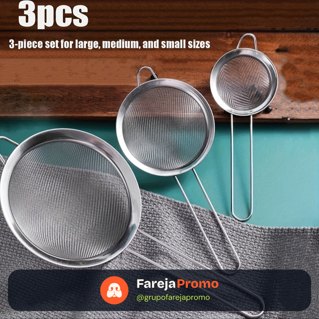 Kit 3 Peças Peneira Coador Em Aço Inox Para Cozinha - 3 Tamanhos P M G 8/10/12 cm