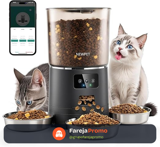 Alimentador Automático para Gatos para 3 Gatos, 6L Alimentador Inteligente WiFi para Animais de Estimação, Sistema Anti-Atolamento forte, Dispensador de Alimentos para Gatos