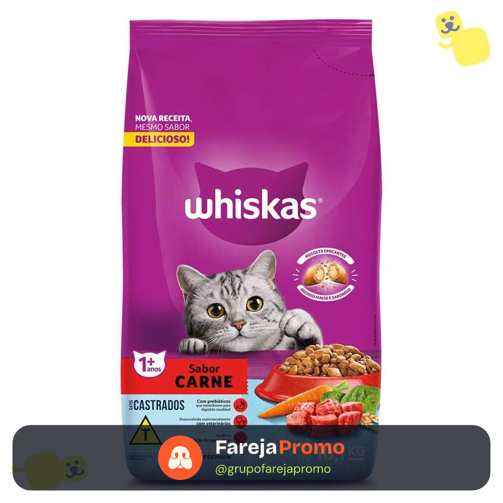 Ração Whiskas 10Kg Ração Gato Castrado Adulto 1+ Sabor Carne Ração para Gatos Castrados 10kg