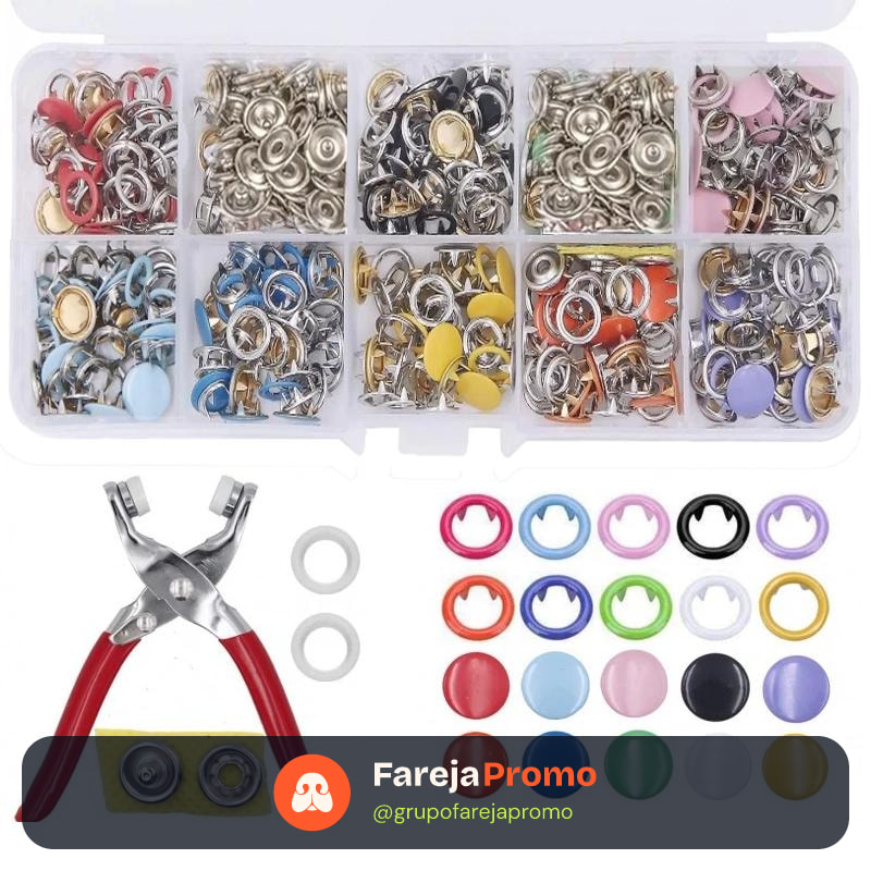 kit de Alicate Aplicador Para Botao De Metal De Pressao Roupa Bebe C/ 150 botões de roupas