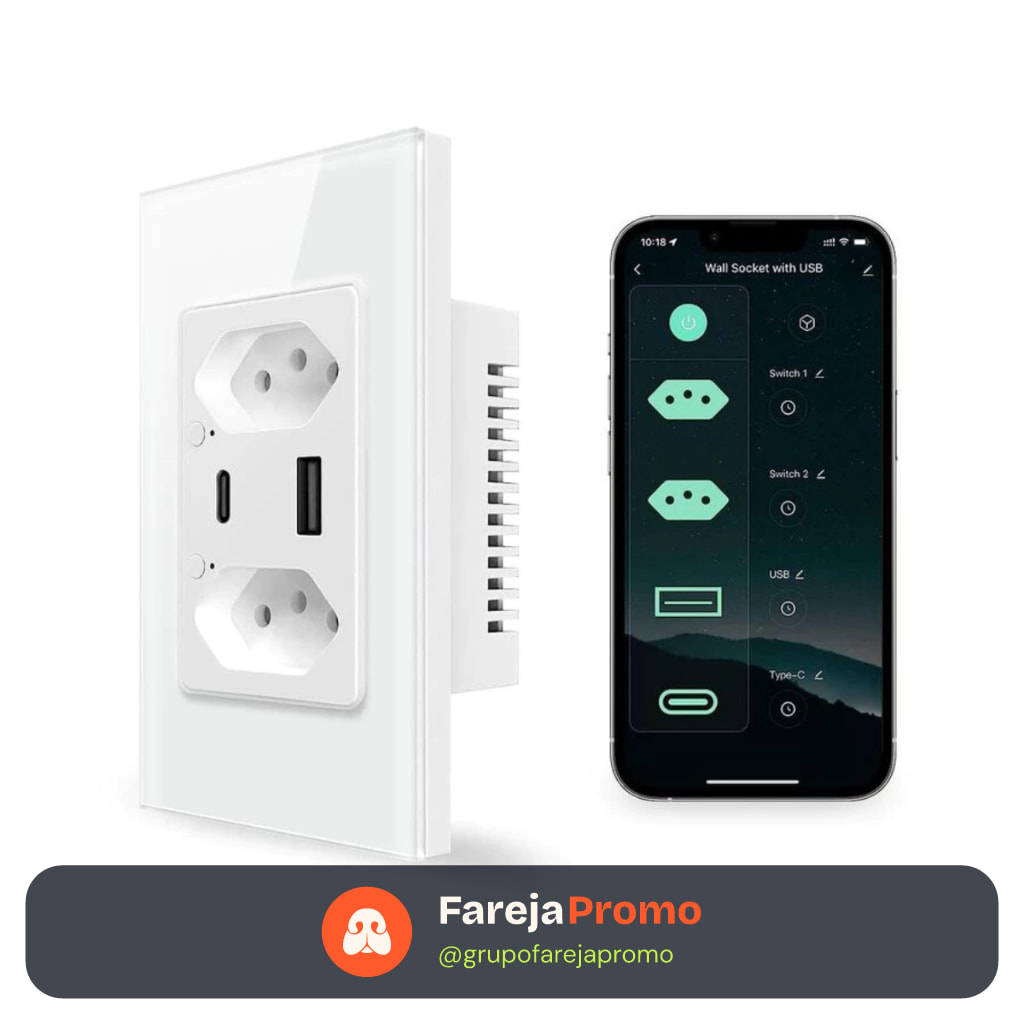 Tomada De Parede Inteligente Wifi dupla USB-C Tipo C Alexa Bivolt