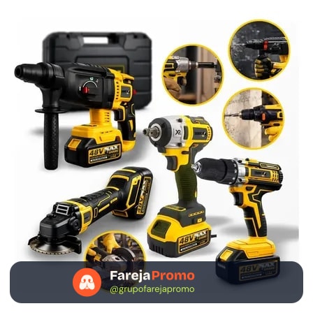 Kit Multi Ferramentas 4 Em 1 48v Sem Fio Com 2 Baterias Furadeira Parafusadeira Martelete Esmerilhadeira Chave De Impacto Com Maleta Alta Potência Uso Profissional E Doméstico Simake