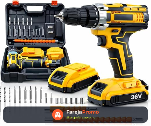 Furadeira e Parafusadeira Sem Fio 48V com 2 Baterias Recarregáveis, Maleta e Kit de Acessórios, Controle de Torque, Velocidade Variável e LED – Uso Doméstico e Profissional
