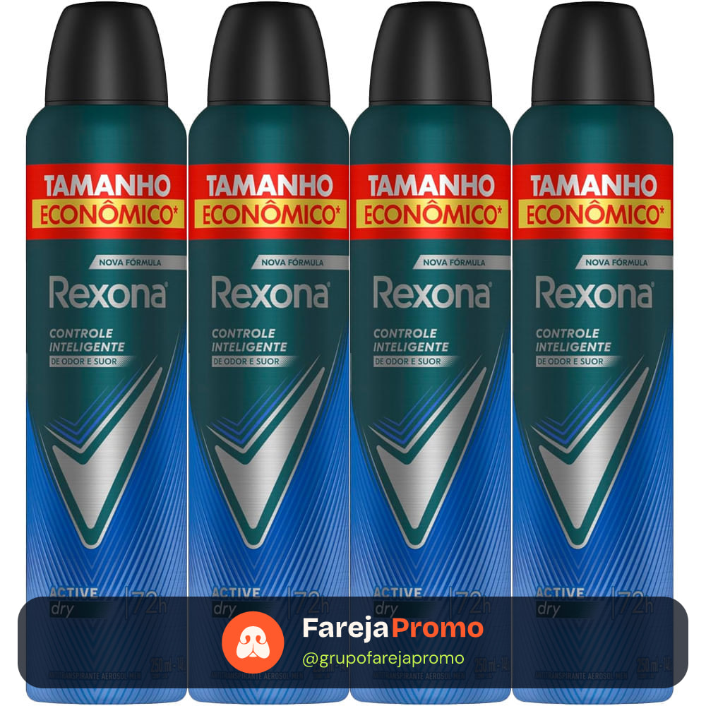 Kit Desodorante Antitranspirante Aerosol Rexona Active Dry 72 horas 250ml - 4 Unidades
