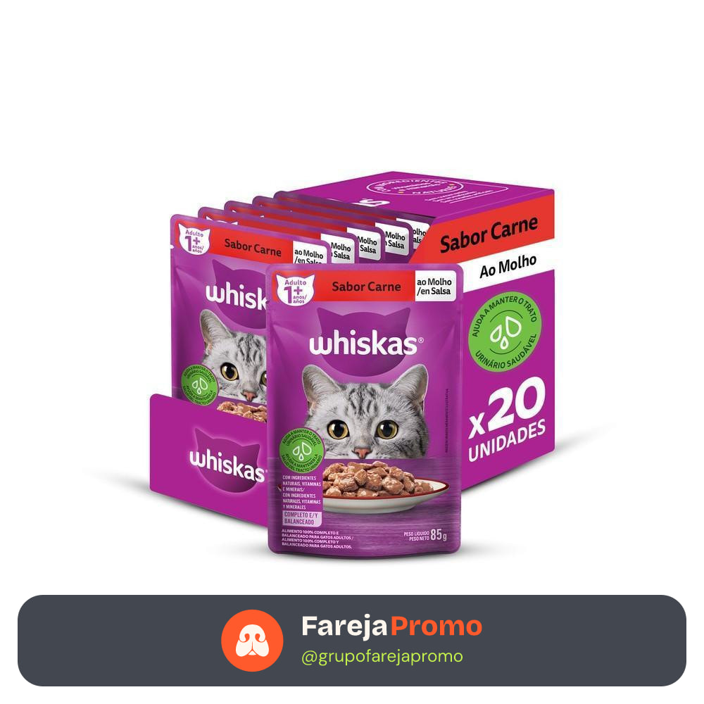 Kit Ração Úmida Carne ao Molho para Gatos Adultos 20 Unidades Whiskas Sachê