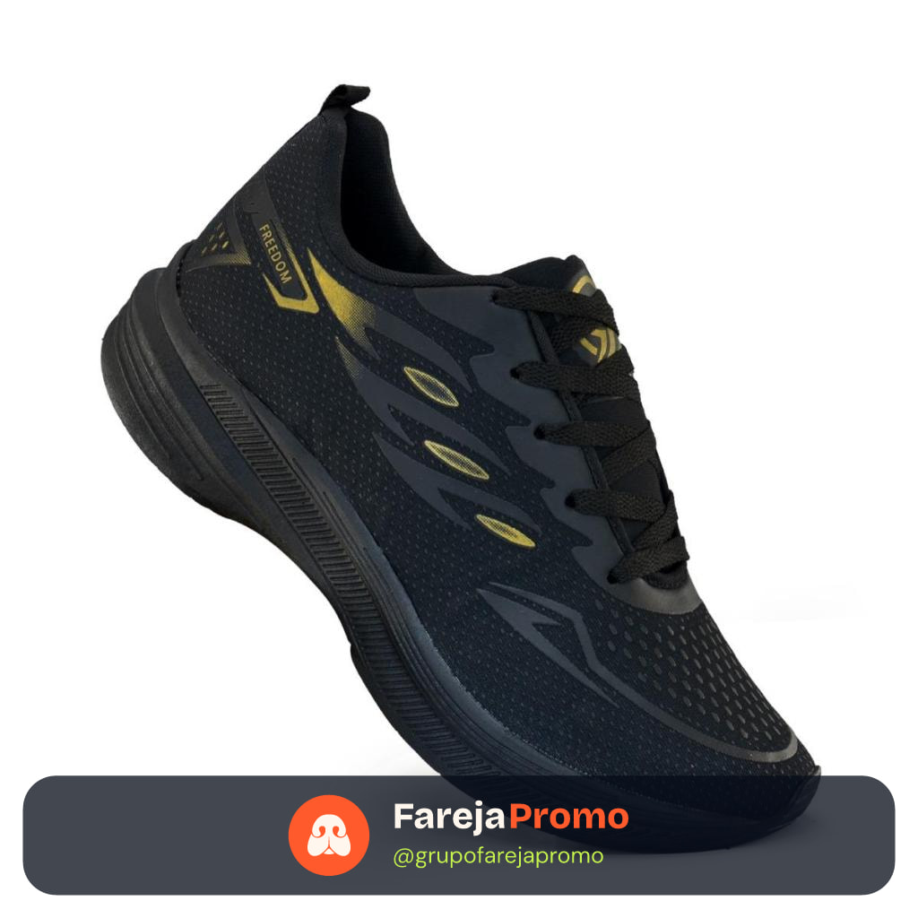 Tenis Masculino Escolar Academia Original FREEDOM Corrida Caminhada Lançamento PRETO e DOURADO