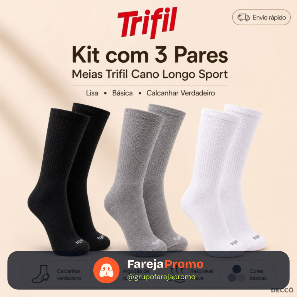 Kit com 3 Pares de Meias Trifil Esportiva Lisa Modelo Cano Longo Calcanhar Verdadeiro Básica Sport