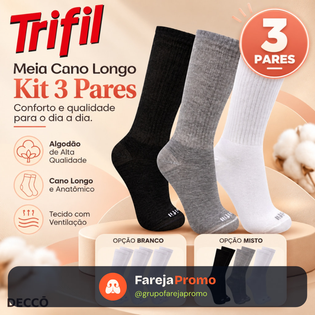 Kit com 3 Pares de Meias Trifil Esportiva Lisa Modelo Cano Longo Calcanhar Verdadeiro Básica Sport