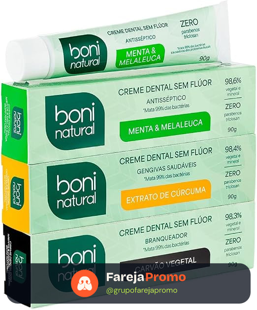 BONI NATURAL - Kit Creme Dental Natural Vegano – Menta e Melaleuca + Carvão Vegetal + Hortelã e Cúrcuma – Sem Flúor, Sem Triclosan – 3x90g - Leve Mais Pague Menos