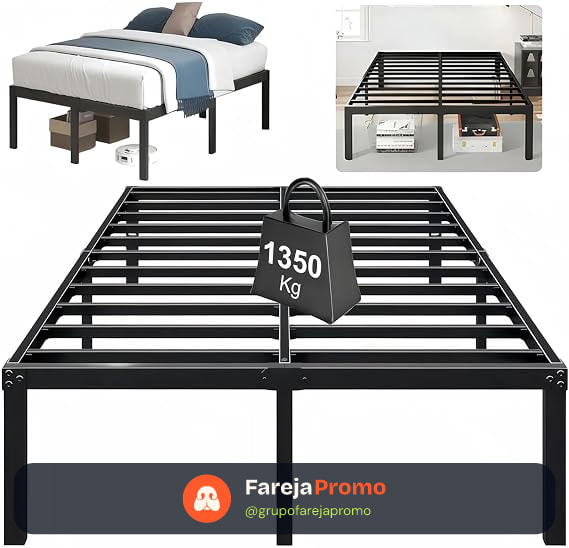 Estrutura De Cama De Metal, Cama de Solteiro Casal, 1350kg de Capacidade, Sem Necessidade de Mola, Silenciosa, Fácil Montagem (Duplo: 190 * 136 * 46cm)