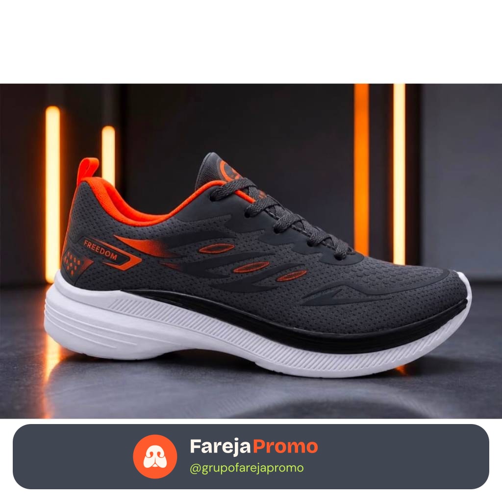 Tenis Masculino Escolar Academia Corrida Original FREEDOM Corrida Caminhada Lançamento EXCLUSIVO CINZA GRAVITE e LARANJA