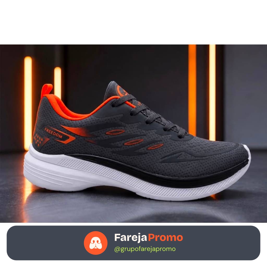 Tenis Masculino Escolar Academia Corrida Original FREEDOM Corrida Caminhada Lançamento EXCLUSIVO CINZA GRAVITE e LARANJA