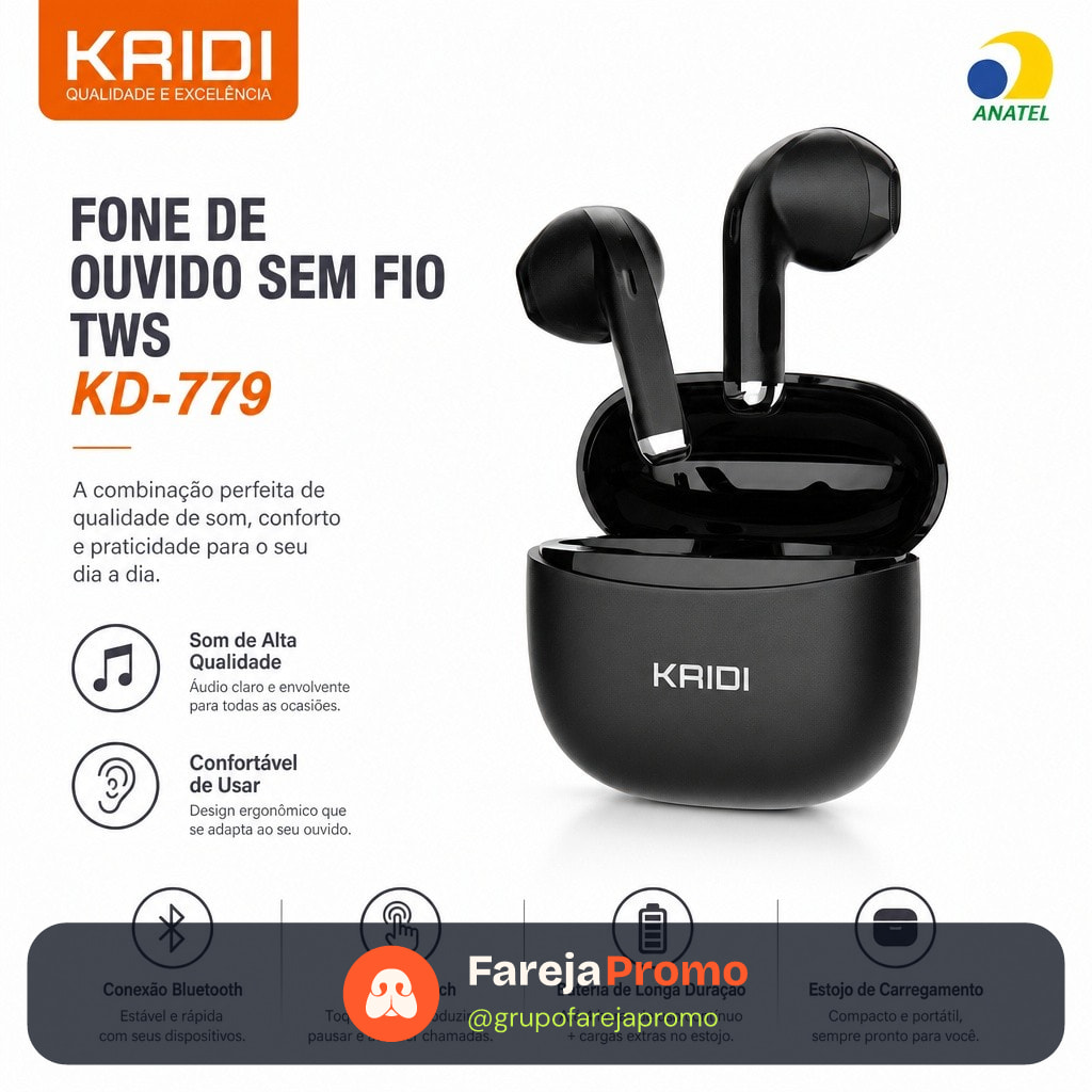 KAIDI KD-779 Fone de Ouvido Bluetooth TWS Sem Fio | Som HiFi | Bluetooth 5.4 | Estojo de Carregamento | Preto