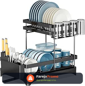 Escorredor de Louça Inox 2 Camadas com Suporte para Talheres, Copos, Facas, Tábuas e Bandeja, Organizador de Cozinha Suspenso, Prateleira com Drenagem Eficiente, Preto