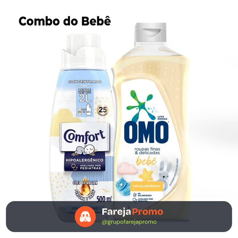 Kit OMO Sabão líquido Roupas 900, Lava roupas finas delicadas Bebê+Comfort amaciante Puro cuidado  bebê 500ml.