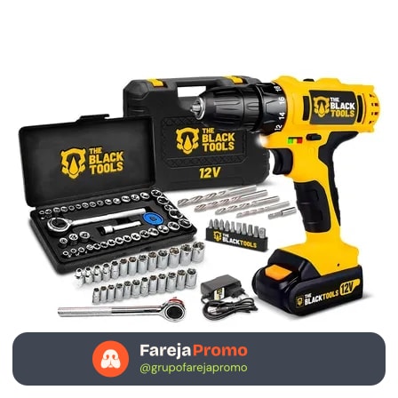 Parafusadeira Furadeira Sem Fio Bateria 12v P/ Madeira Metal Tb-12e The Black Tools Com Jogo De Soquetes 40 Peças Amarelo 127/220v 50/60hz