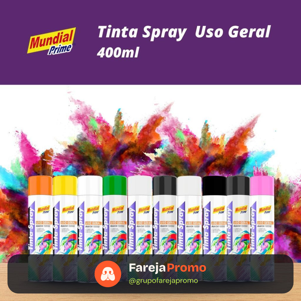 Tinta Spray 400ml Mundial Prime Uso Geral | Preto/Branco Fosco/Brilhante + Amarelo, Rosa, Verde