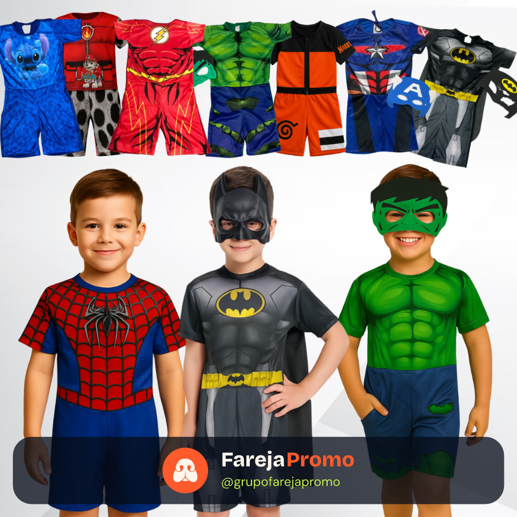Fantasia Infantil Masculina Herói com Máscara Roupa Curta para Festa