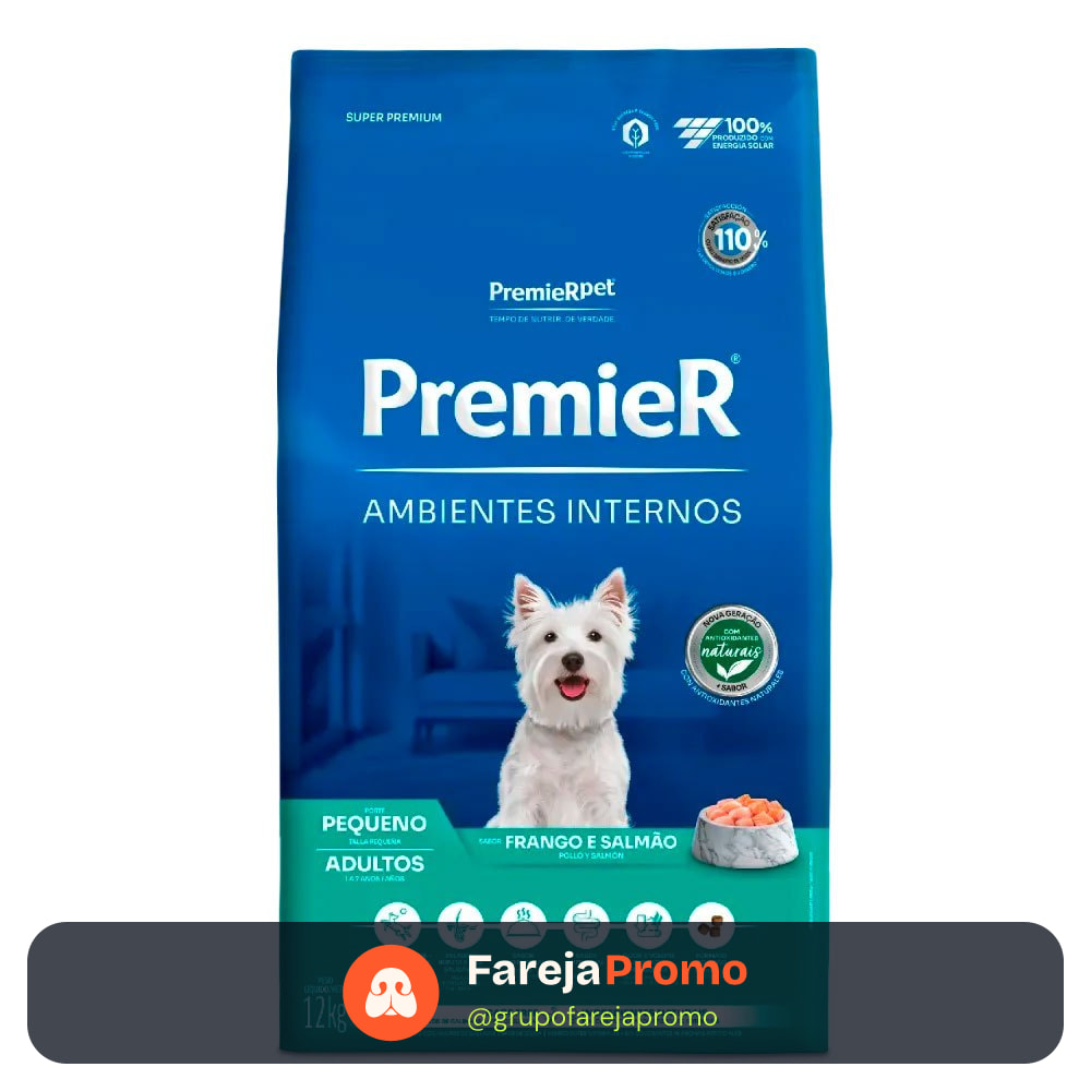 Ração Premier para Cães Ambientes Internos Adultos Raças Pequenas Frango e Salmão 12 kg