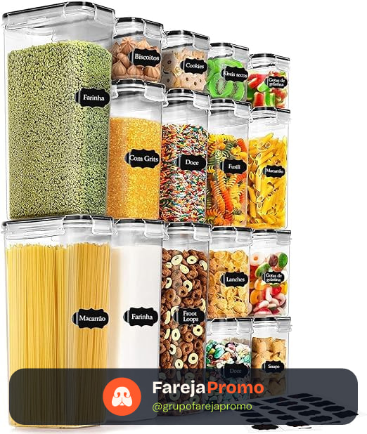 Potes Tampa Hermético Porta Alimentos Mantimentos Armário Cozinha (Kit 16)