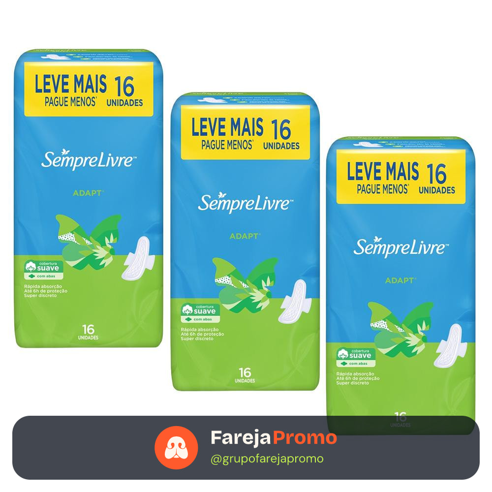 Kit com 3 Absorventes Externo Sempre Livre Adapt Cobertura Suave com Abas 16 Unidades