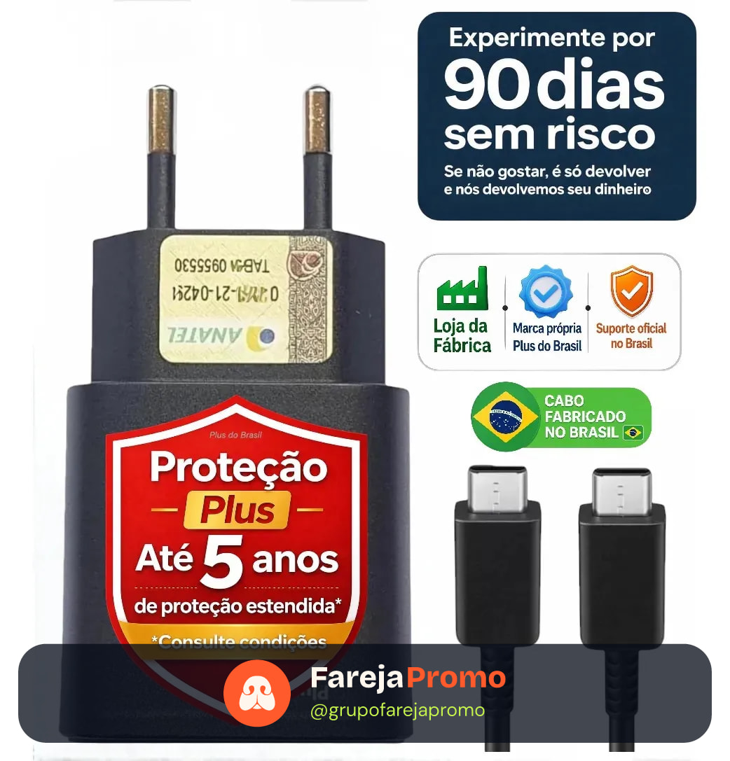 Plus Do Brasil Carregador Turbo Tipo C Para Samsung Galaxy A17 A16 A15 M15 A25 A24 M34 A36 A35 A34 A32 S24 Plus S23 Fe S22 S21 S20 A12 A13 A14 5g A56 A55 A54 M55 A07 Z Flip Fold Certificado Anatel Br