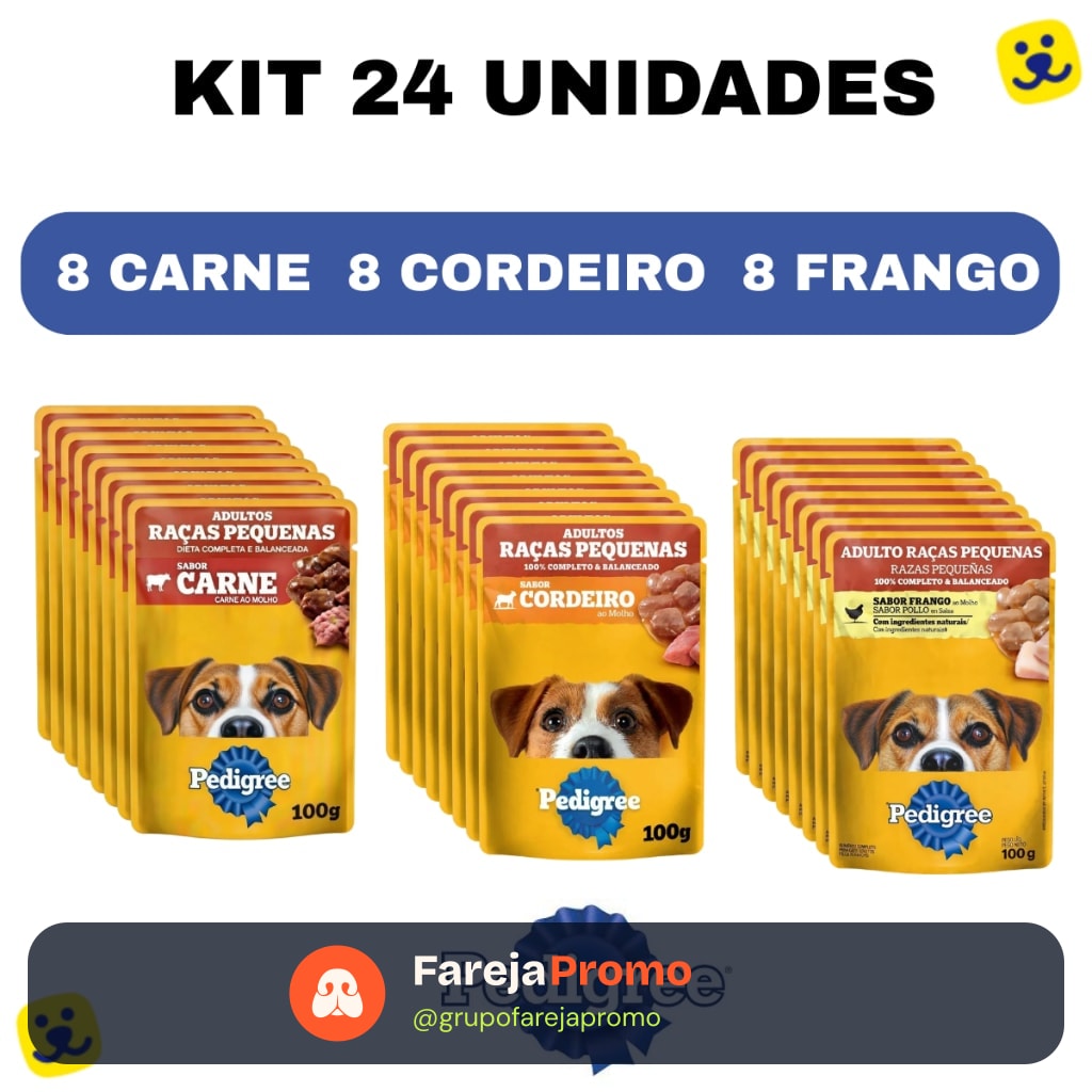 Kit 24 Sachê Pedigree 100g Cachorro Adulto Raças Pequenas Ração Úmida 8Carne + 8Frango +8Cordeiro