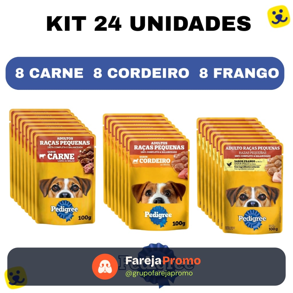 Kit 24 Sachê Pedigree 100g Cachorro Adulto Raças Pequenas Ração Úmida 8Carne + 8Frango +8Cordeiro