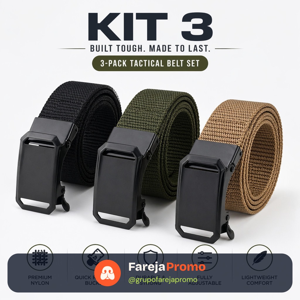 Kit 3 Cinto Tático de Nylon 4cm com Fivela de Engate Rápido Ajustável