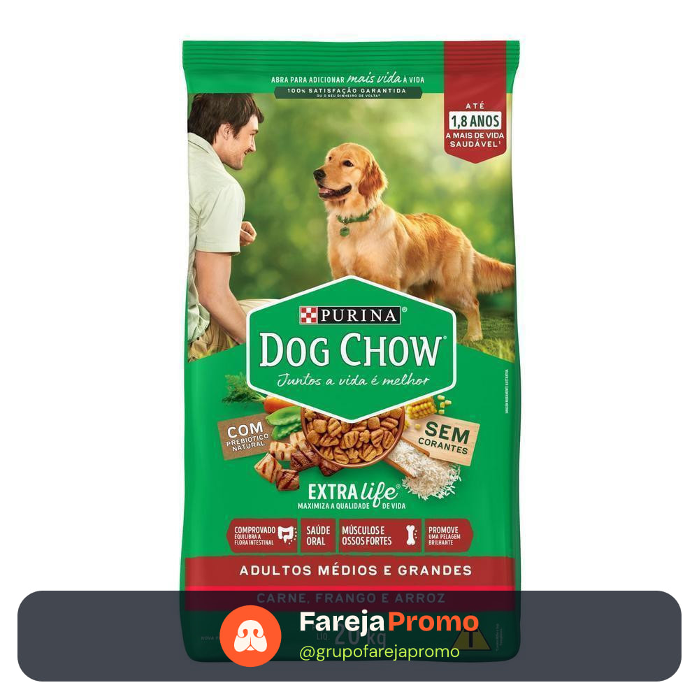 Ração NESTLÉ PURINA DOG CHOW EXTRALIFE Adultos Médios e Grandes Carne, Frango e Arroz 20kg