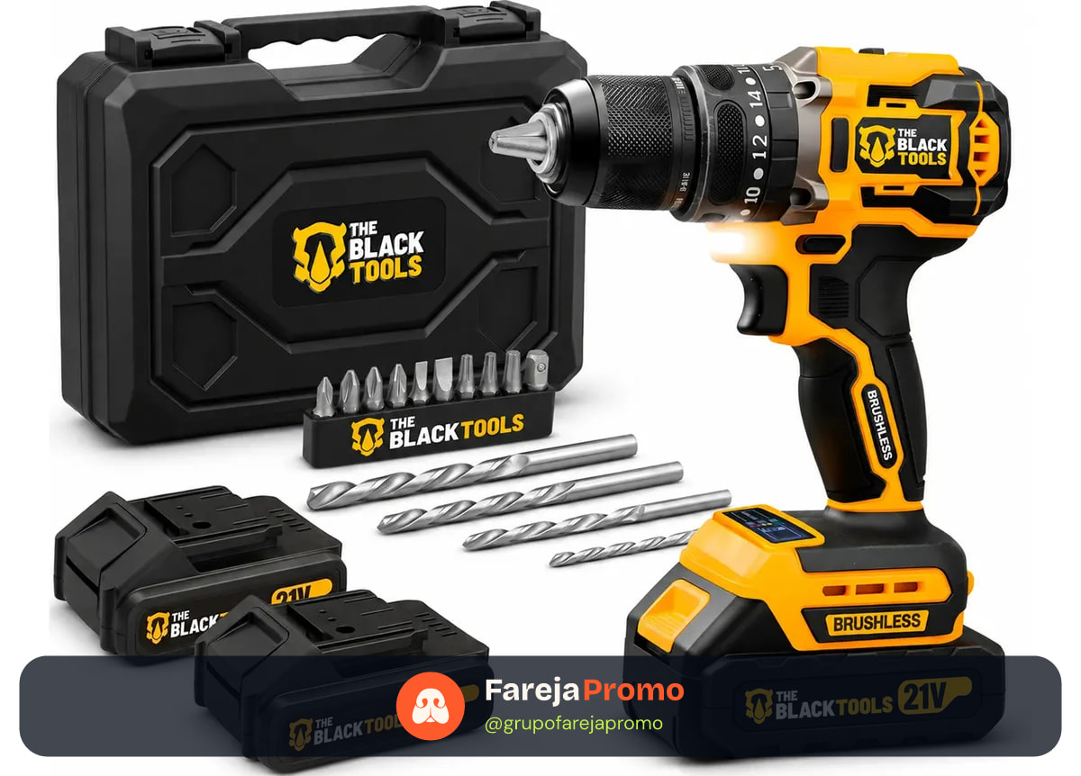Parafusadeira Furadeira De Impacto Profissional Sem Fio 2 Baterias 21v Com Maleta Tb-21yx The Black Tools