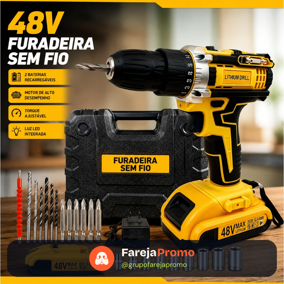 Parafusadeira Furadeira 48V Bateria De Lítio 2 Velocidades Uso Doméstico Com Baterias Duplas E Caixa De Ferramentas