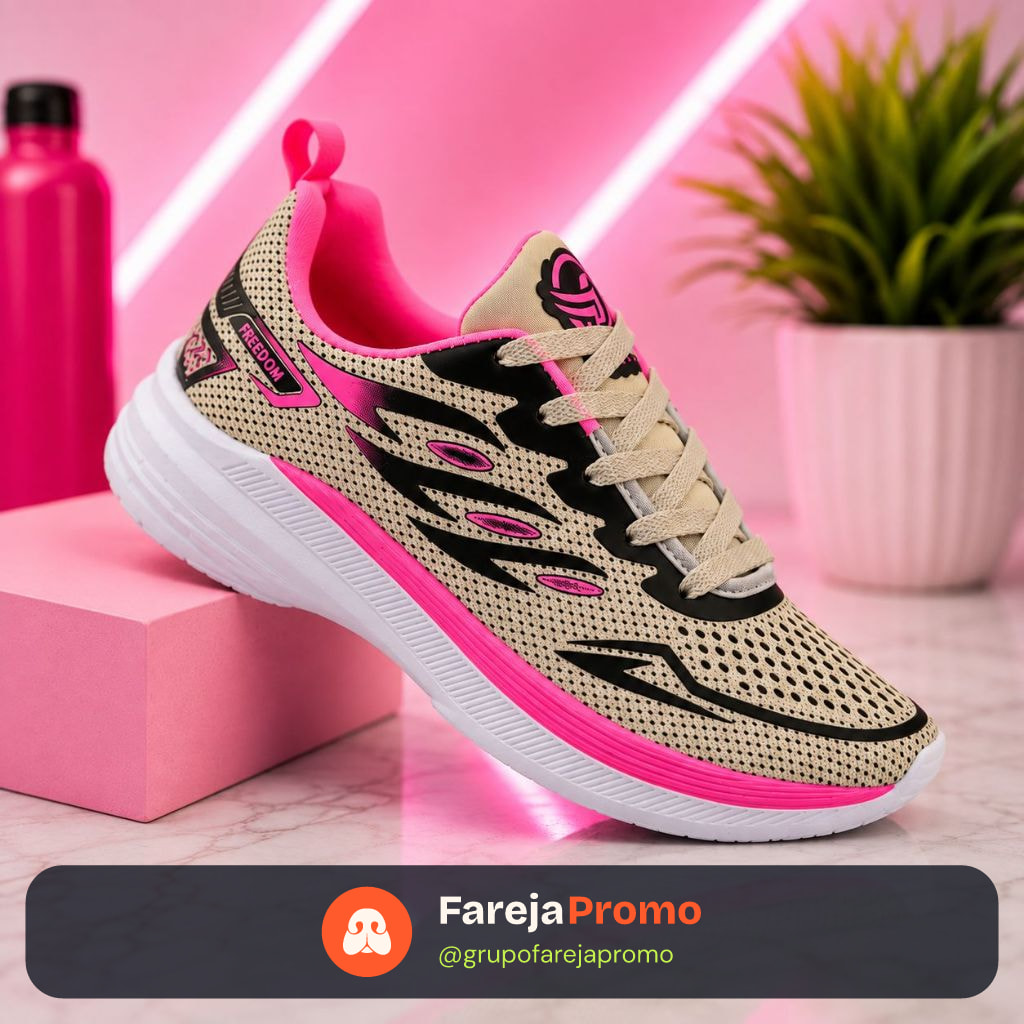 Tenis Feminino Escolar Academia Original FREEDOM Corrida Caminhada Lançamento CINZA PINK