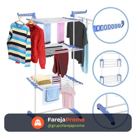 Varal De Chão Grande De Roupas 3 Andares Dobrável Cor Azul Kontuz 170 Cm