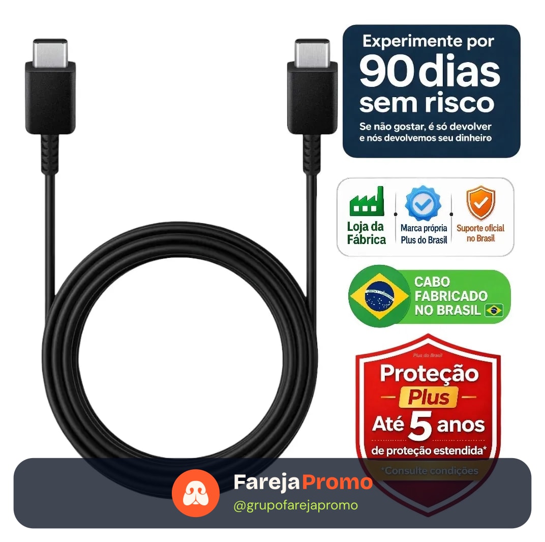 Plus do Brasil Cabo Usb C Carregador e Dados Turbo Tipo C Duplo Para Samsung S26 S25 Ultra S24 S23 Fe S22 S21 S20 Chromebook 4 Galaxy Book S Xiaomi Apple Iphone 17 16 15 Blindado Fabricado no Brasil