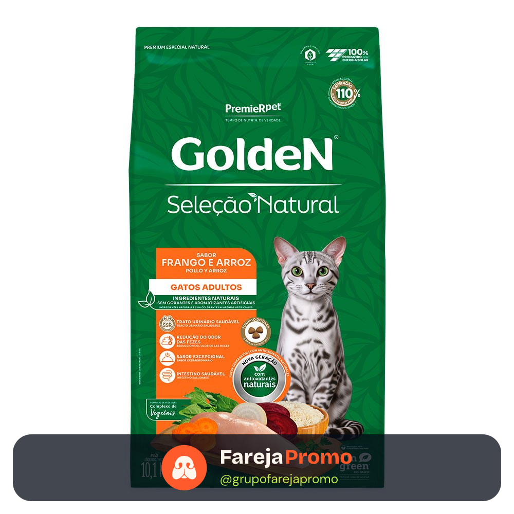 Ração Golden Seleção Natural Gatos Adultos Frango e Arroz 10,1kg