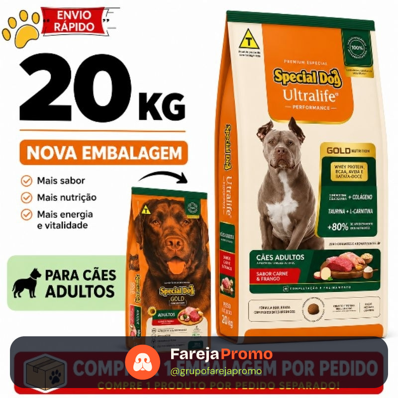 Ração Special Dog Ultralife Performance 20kg Cães Adultos Carne e Frango Premium Alta Nutrição
