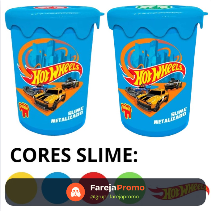 Kit 2 Slime Hot Wheels Metalizado Brinquedo Infantil Potinho 180g Dourado Azul Verde Vermelho