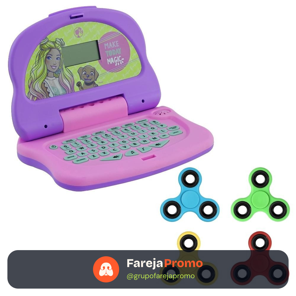 Kit Laptop Infantil Educativo Candide Barbie Charm Tech Bilíngue + 1 Fidget Spinner Sortido