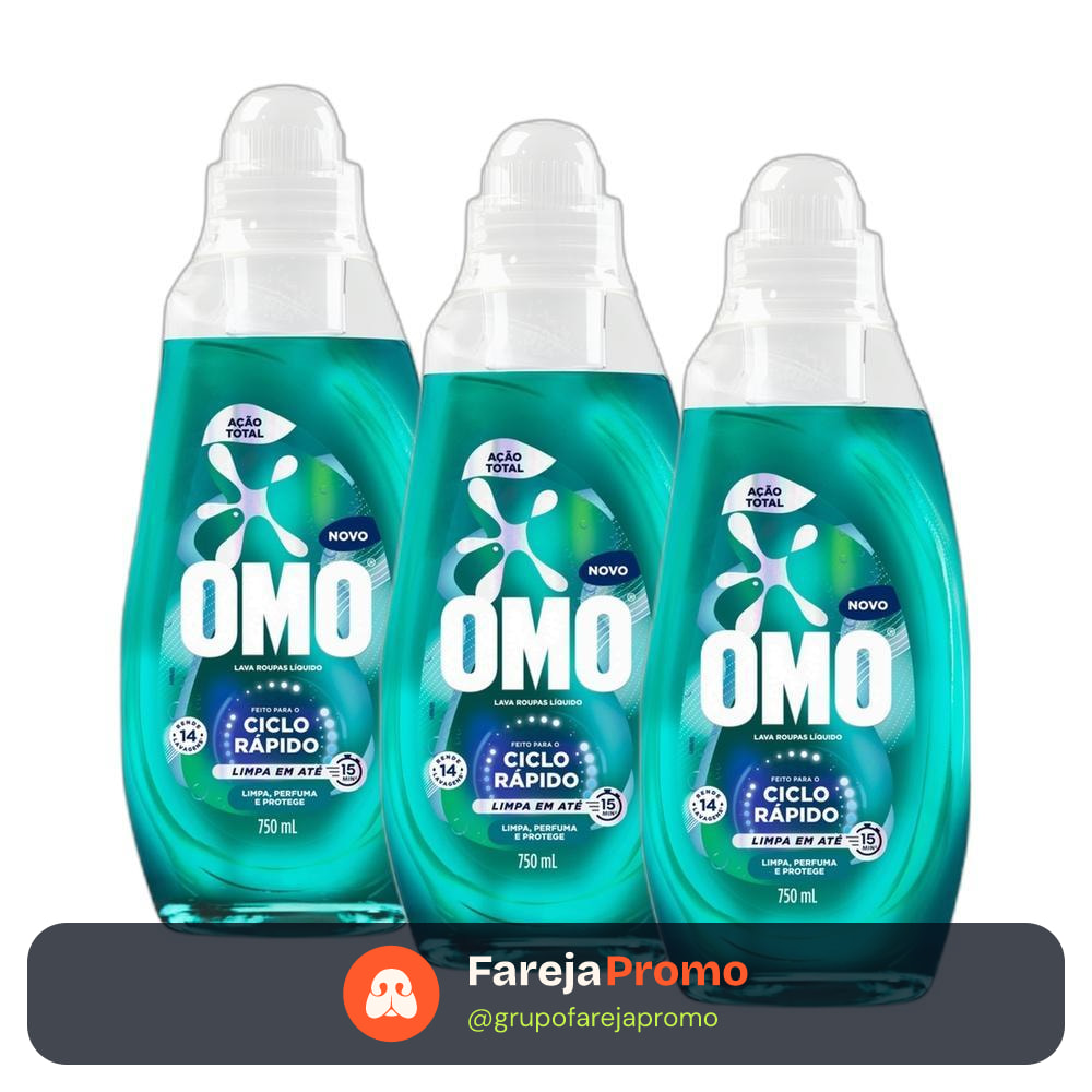 Kit 3 Lava-Roupas Líquido Omo Ciclo Rápido Ação Total Frasco 750ml cada