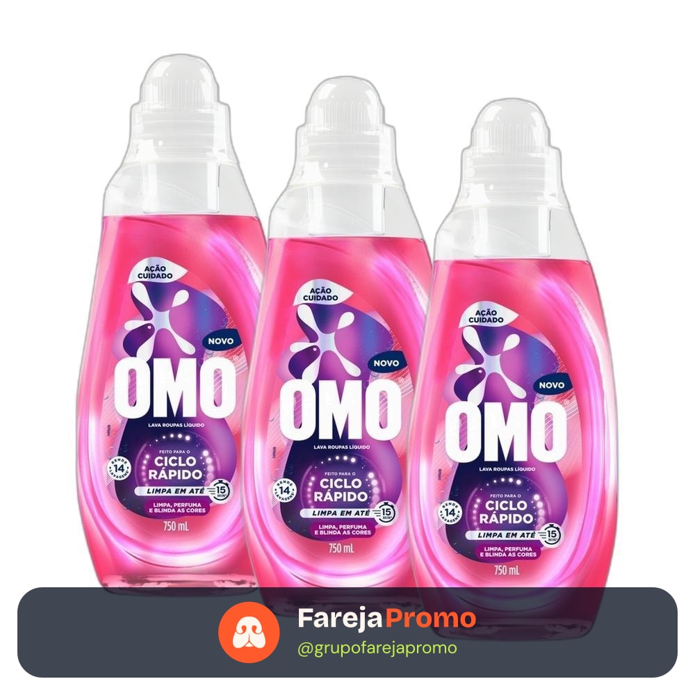 Kit 3 Lava-Roupas Líquido Omo Ciclo Rápido Ação Cuidado Frasco 750ml cada